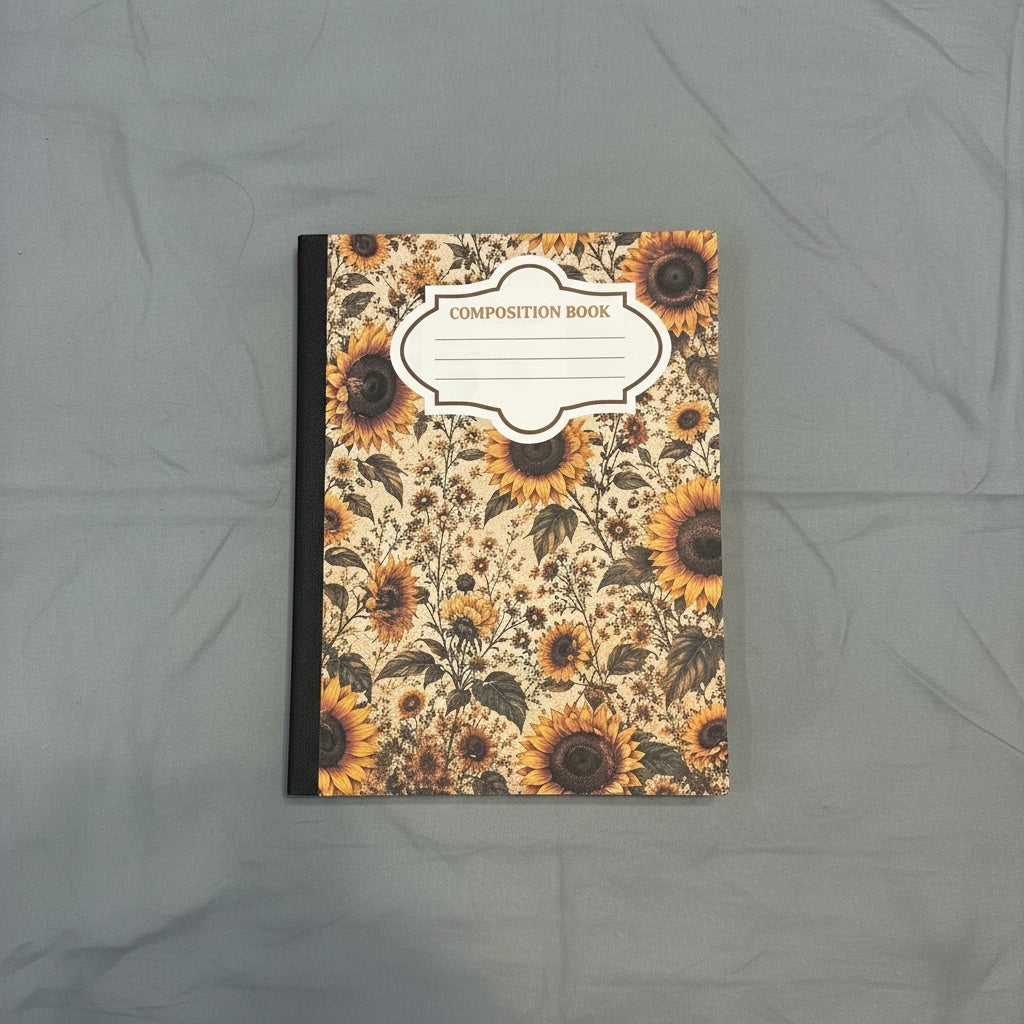 Titch of Everything sunflower composition notebook with a vintage floral pattern and a black spine on a grey background