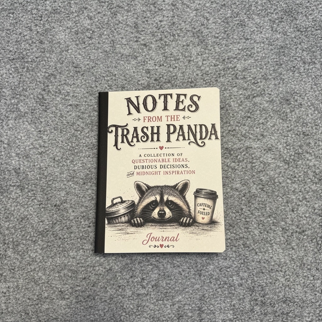 Titch of Everything Notes From The Trash Panda journal with a hand-drawn raccoon, trash can, and coffee cup illustration