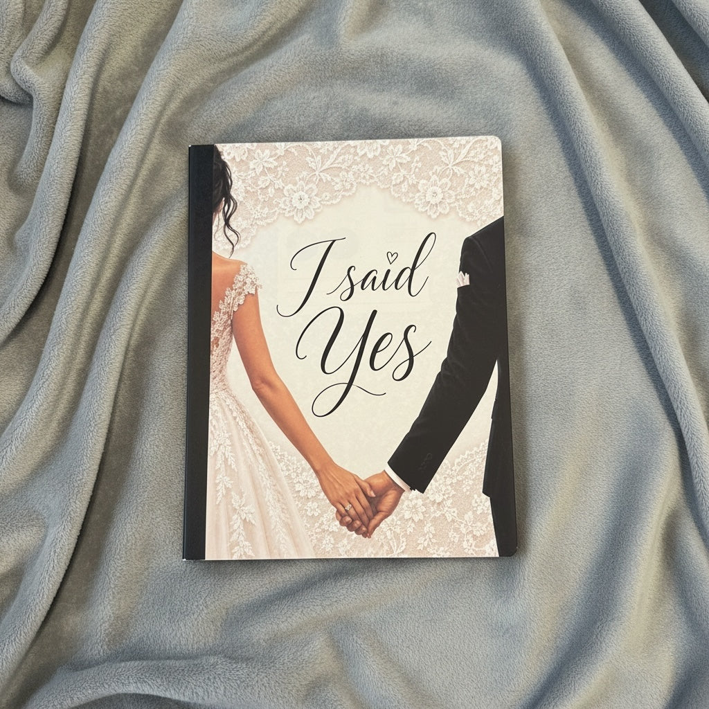 Titch of Everything I Said Yes wedding keepsake journal featuring a bride and groom illustration on a lace background.
